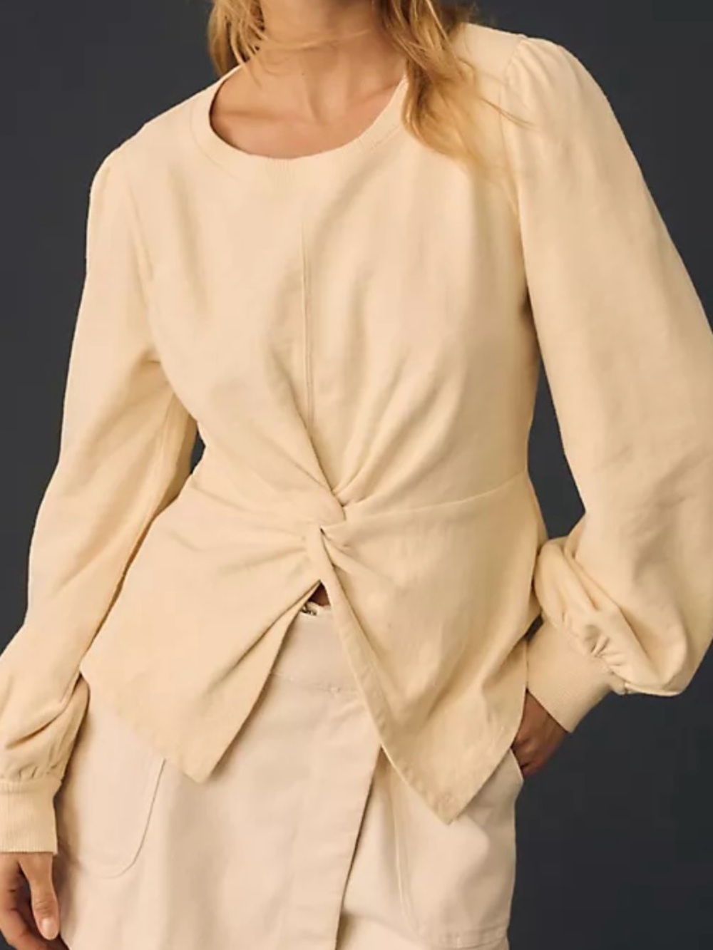 Anthropologie Pilcro Cream Twist Front Sweatshirt Balloon Sleeve Cotton Top XXS